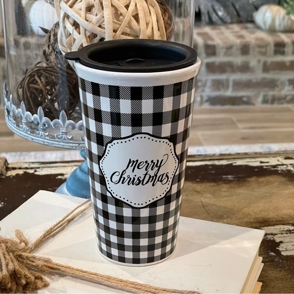 MERRY Christmas Black & White Buffalo Check Ceramic Travel Mug With Lid - Picture 1 of 4